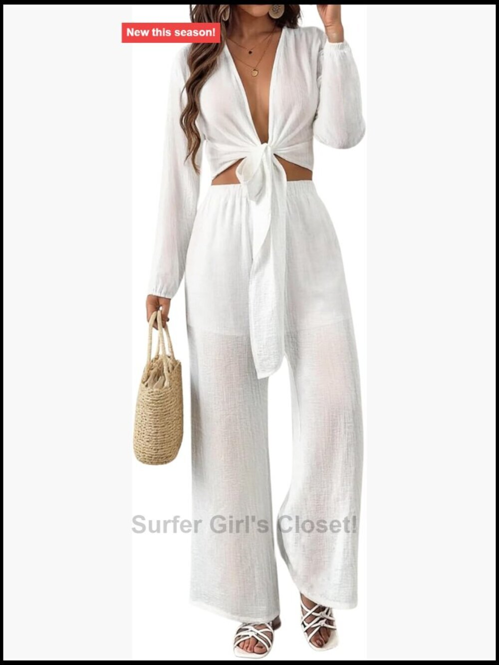 Women's 2 Piece Swim Cover Up Set Long Sleeve Tie Sheer Top Pant